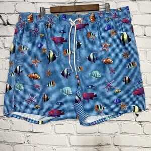 Bills Khakis Fish AOP Swim Trunks Mens Size 2XL Mesh Lined Blue Gingham 6.5"